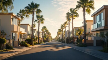 Rows of identical modern vacation homes with spacious terraces, aligned along a sunny beach street, palm trees swaying under a clear sky, wide-angle capturing tranquil uniformity. 
