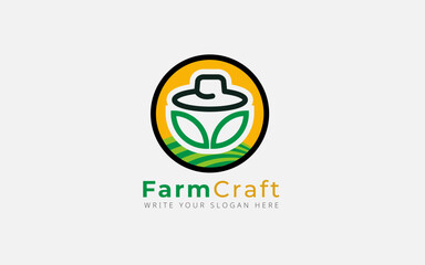Fototapeta premium Farm Craft or gardenign Logo with hat, leaves and sun vector illustration