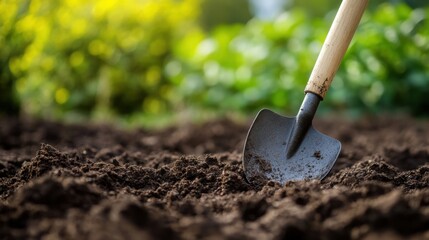 A child digs in the garden with a small spade, surrounded by rich soil and vibrant greenery, emphasizing playful exploration and the joy of gardening