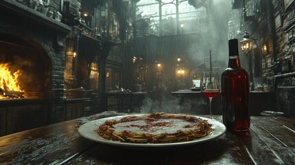 Cozy medieval tavern, delicious spaghetti pizza, warm ambiance
