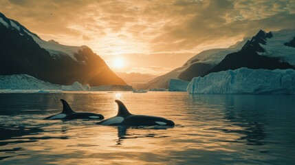 Fototapeta premium Two orcas swim in serene waters at sunset, framed by mountains and icebergs.