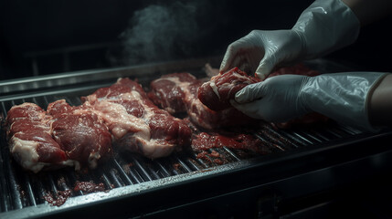 Close up hands of a worker in rubber glove gathering packed meat on a conveyor belt in modern meat factory. Fresh meat ready for automatic packing