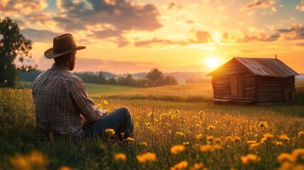 Fototapeta premium A farmer relaxes near a small wooden cottage surrounded by vibrant fields at sunset, enjoying the tranquility of rural life