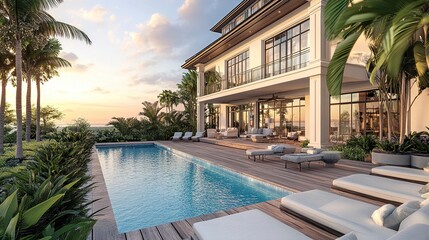 Sleek beachfront home in Ponte Vedra, Jacksonville, stylish pool deck overlooking the ocean, tropical gardens surrounding the property, vibrant and tranquil vibe, late afternoon light.  