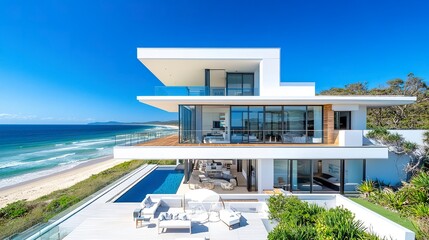 Fototapeta premium Sleek beachfront house, white facade glowing in sunlight, rooftop terrace offering sweeping ocean views, frontal shot, radiant blue sky. 