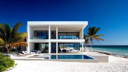 Fototapeta premium Sleek beachfront house, white facade glowing in sunlight, rooftop terrace offering sweeping ocean views, frontal shot, radiant blue sky. 