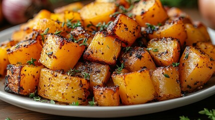 Roasted root vegetables featuring vibrant squash herbs on a white plate suitable for a nutritious lunch or dinner meal