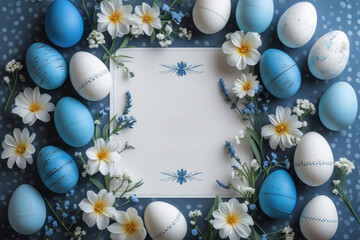 Obraz premium Easter layout with white and blue eggs, spring flowers on a blue background. top view. copy space. flat lay. Happy easter text. AI generated