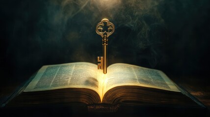 Golden key floating above open ancient book in mysterious smoky atmosphere