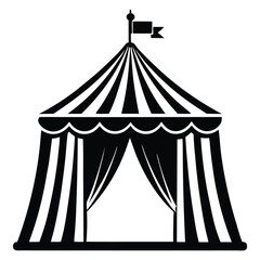 Classic Circus Tent with Flag and Open Entrance - Black and White Illustration