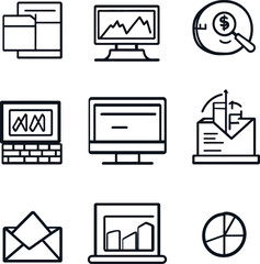  Vector Data and Finance Icons, Line Art Set.