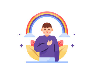 concept of peace and tranquility of mind or emotion. enjoy and relax. mental health. illustration of a man feeling calm and comfortable. rainbow. gesture and expression. flat style character design