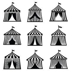 Fototapeta premium Classic Circus Tent with Flag and Open Entrance - Black and White Illustration
