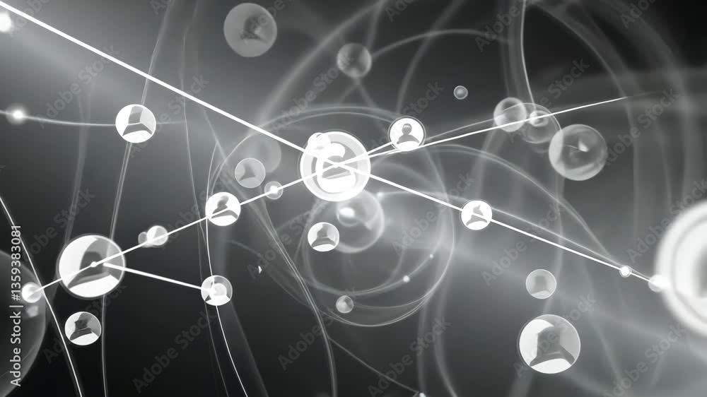 Poster abstract network of glowing spheres and connecting lines on a grayscale background