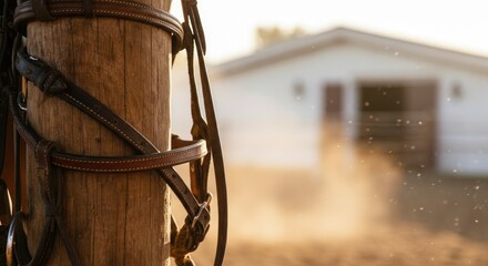Close-up of horse tack on wooden post with blurred barn in background Equestrian scene at sunset flying dust