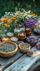 Fototapeta premium vibrant display of various herbs and flowers arranged rustic wooden table, showcasing bowls filled with dried herbs, jars of herbal mixtures, and colorful blooms. This serene setting evokes sense
