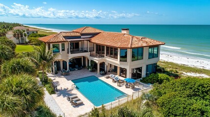 Fototapeta premium Stunning oceanfront villa on Marco Island, modern design with a pool overlooking the Gulf of Mexico, soft waves in the background, vibrant sunlight