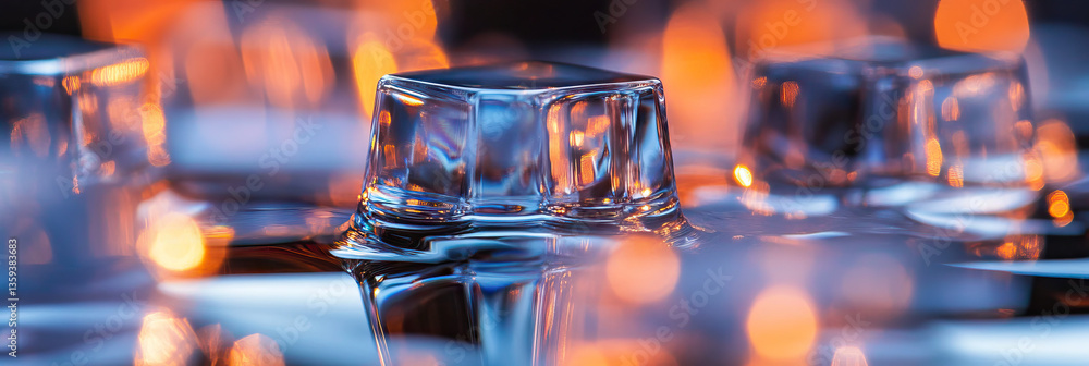 Poster close-up of ice cube with bokeh lighting and reflections