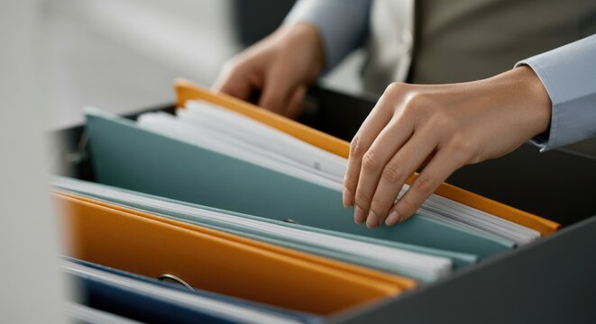 Close-up of person organizing files in drawer, office setting