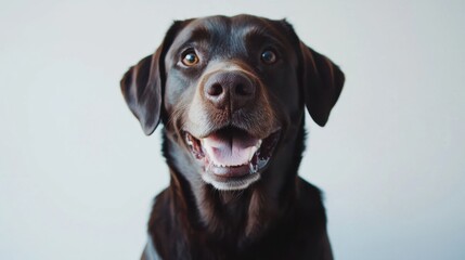 Fototapeta premium Cute happy dog sitting and posing on white background, Labrador Retriever dog