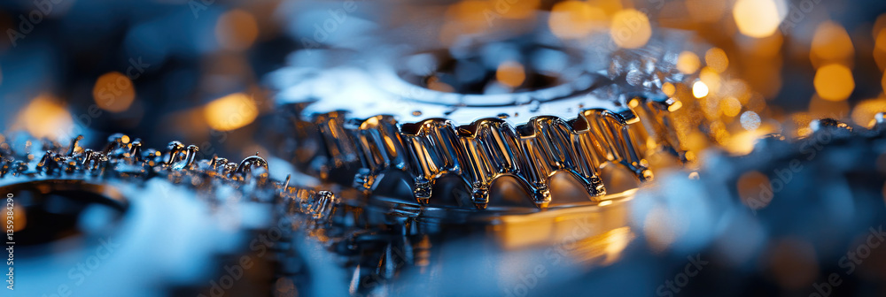 Poster close-up photograph of interlocking metallic gears with bokeh lighting