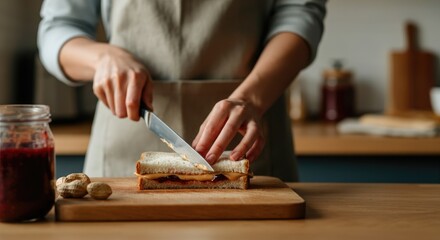 Obraz premium Person making peanut butter and jelly sandwich in kitchen