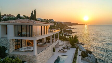 Fototapeta premium Summer villa perched near a beach, expansive terraces, light stone walls, breathtaking ocean views, drone shot, radiant golden sunset. 