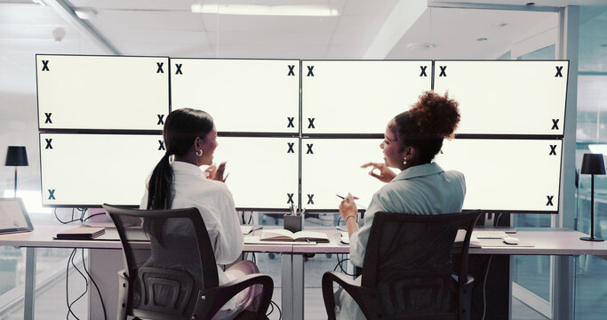 Talking, women or space on screen in control room for trading, finance or stock market prices in night. Teamwork, tracking markers or traders with mockup, people or monitor for review in data center