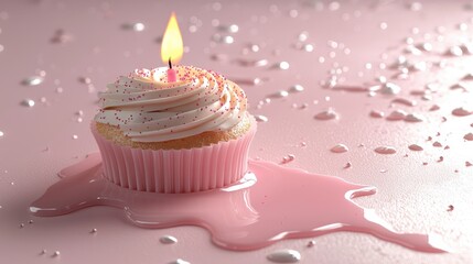 Delicious Cupcake with Candle and Melted Frosting on Pink Surface