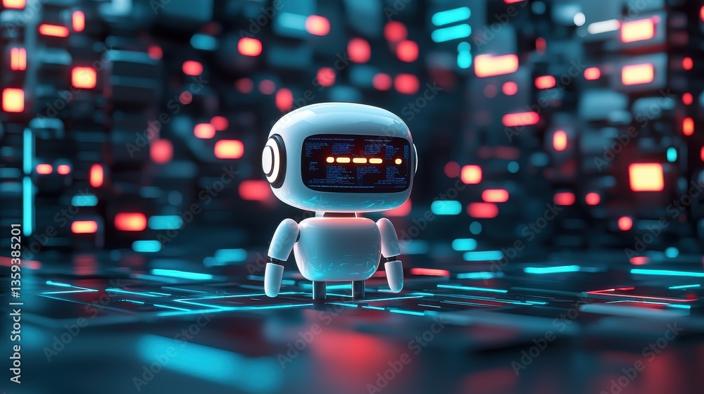 Poster a futuristic robot stands in a vibrant, digital landscape filled with glowing lights and data stream