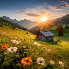 A secluded, idyllic valley with a tiny wooden cabin surrounded by rolling green hills. Wildflowers abound in the foreground as a golden sunrise gives the landscape a warm, soft glow.