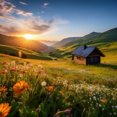 A secluded, idyllic valley with a tiny wooden cabin surrounded by rolling green hills. Wildflowers abound in the foreground as a golden sunrise gives the landscape a warm, soft glow.