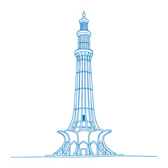 Minimalist Digital Line Art Illustration of Minar-e-Pakistan in Lahore, Pakistan – Iconic Historical Monument in Modern Architectural Outline Design
