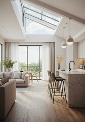 Modern open plan apartment sunlight streams through skylight. AI Generated