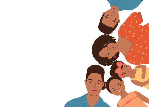 Top View Of A Smiling Black Family With Three Children Lying On Ground.