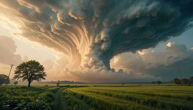 Close up,  A breathtaking spectacle unfolds as tranquil backdrop is juxtaposed with ferocious might of a tornado