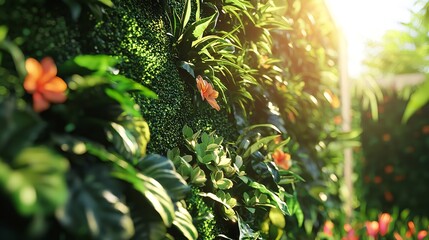 Urban vertical garden wall brimming with colorful plants.