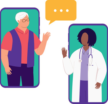 Senior Man Seeking An Online Medical Advice With A Female Doctor Through Cellphone. Isolated.