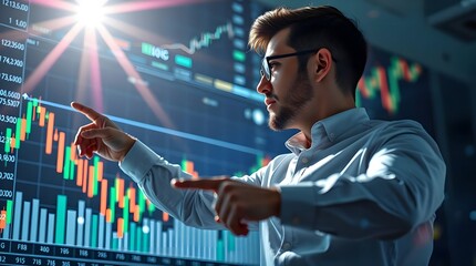 A focused young trader analyzing dynamic market data, navigating complex financial charts with intense concentration under dramatic lighting.