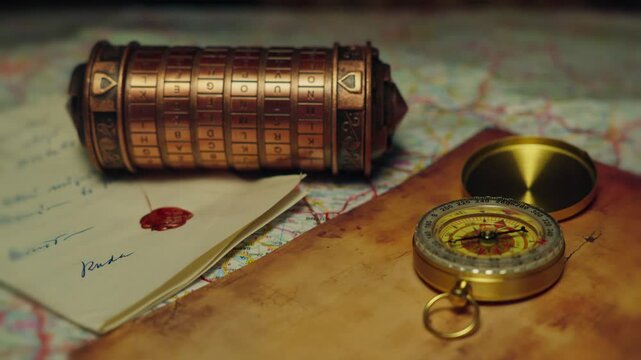 Mystery secret vault with Compass, map and cryptex word puzzle objects CLOSE-UP