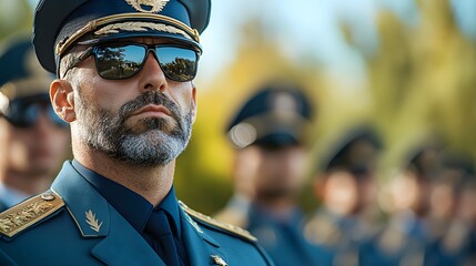 A serious looking military officer wearing a uniform sunglasses and a beard conveying a sense of authority discipline and leadership