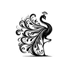 Graceful Peacock Silhouette Dance – Elegant Single-Color Vector with Flowing Lines & Balanced Symmetry

