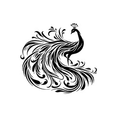 Graceful Peacock Silhouette Dance – Elegant Single-Color Vector with Flowing Lines & Balanced Symmetry

