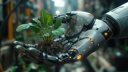 Robotic Hand Gently Holding a Sapling: A Futuristic Vision of Nature and Technology