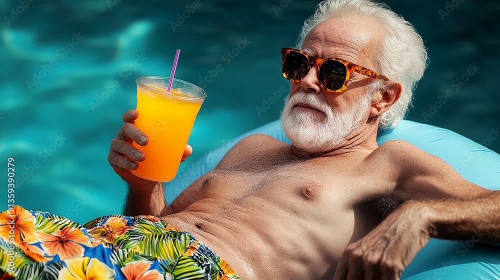 Poster man in a bathing suit is relaxing on a pool float with a straw in a cup of ora