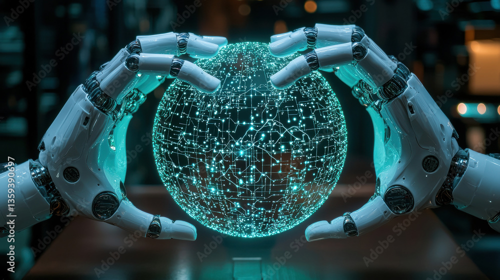 Poster futuristic scene featuring robotic hands gently holding glowing, digital globe, symbolizing advanced