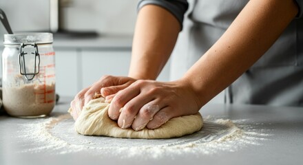 Person kneading dough on floured surface, baking preparation
