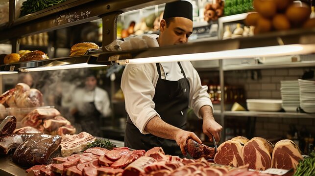 A butcher in a white coat and black apron is cutting a large piece of meat on a wooden cutting board.