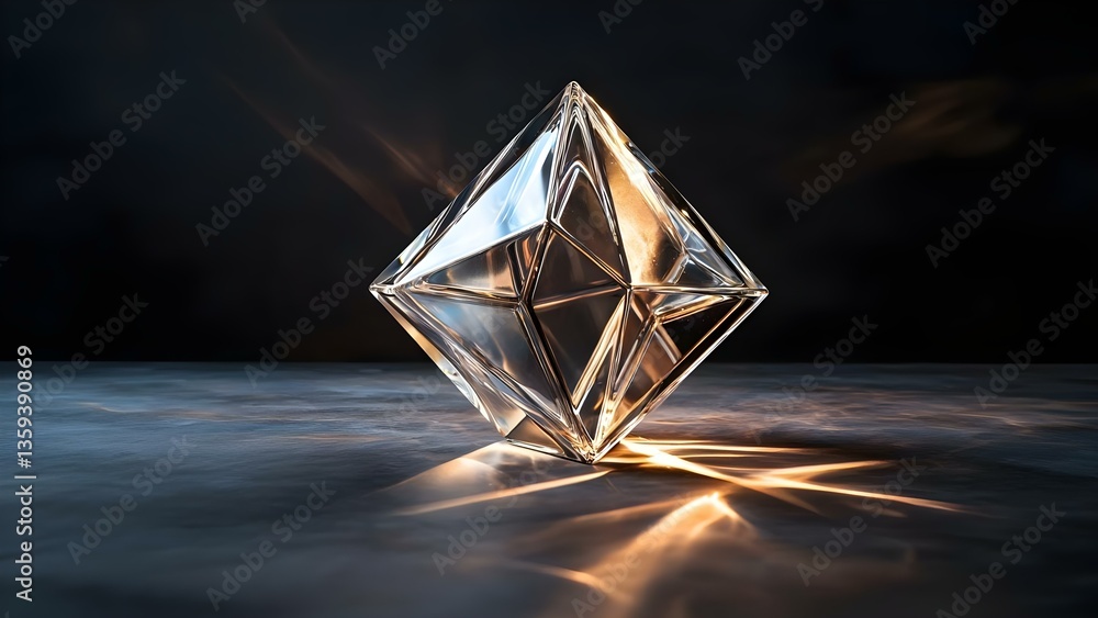 Poster a transparent diamond shape reflecting light, creating sparkling effects on the surface beneath it. 