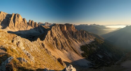 Obraz premium Stunning panoramic view of rugged mountains during clear sunrise, featuring sharp peaks and deep valleys
